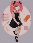  1girl black_dress blank_eyes blush cake cookie copyright_request cross curly_hair dress dress_shirt floating food fork grey_eyes highres io_(onisarashi) jirai_kei looking_at_viewer macaron mary_janes pantyhose pill pink_hair shirt shoes smile solo twintails 