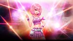  1girl bare_shoulders beatmania_iidx braid breasts goli_matsumoto hand_on_own_chest highres medium_breasts navel non-web_source nyah_(beatmania_iidx) official_art one_eye_closed open_mouth pink_hair pink_shirt pink_skirt shirt short_hair skirt smile teeth thighs upper_teeth_only wristband 