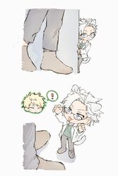  ! :3 animal_ears atou_haruki black_pants blonde_hair blue_eyes cat_boy cat_ears cat_tail claw_pose closed_eyes commentary fang gigantea_pp glasses green_shirt kanou_aogu kemonomimi_mode lab_coat long_sleeves male_focus mini_person miniboy open_clothes open_mouth pants saibou_shinkyoku shirt short_hair spoken_exclamation_mark sweat symbol-only_commentary tail white_hair 