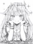  1girl absurdres blush bracelet chest_jewel dot_nose elbow_rest glint greyscale hair_flaps highres hololive hololive_english jewel_under_eye jewelry koseki_bijou koseki_bijou_(1st_costume) long_hair looking_at_viewer monochrome nanashi_(nlo) pebble_(koseki_bijou) simple_background smile solo sparkle straight-on upper_body virtual_youtuber 