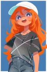  1girl baseball_cap black_shirt blue_background bright_pupils denim hand_on_own_hip hat highres jeans jewelry long_hair looking_at_viewer necklace open_mouth orange_hair original pants shirt shirt_partially_tucked_in simple_background smile solo takarai_shunsuke white_hat white_pupils 