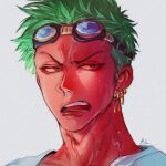  1boy black_eyes earrings goggles goggles_on_head green_hair jewelry male_focus one_piece open_mouth roronoa_zoro shirt short_hair signature simple_background single_earring solo soulakuma teeth wet white_shirt 