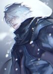  1boy bishounen blue_eyes devil_may_cry_(series) devil_may_cry_4 dmc_pa hair_over_one_eye hood male_focus nero_(devil_may_cry) snow snowing solo white_background white_hair winter winter_clothes 
