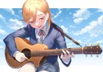  1girl acoustic_guitar blue_jacket blue_sky clouds collared_shirt commentary_request dress grey_dress guitar highres holding holding_plectrum instrument jacket long_sleeves looking_at_object love_live! love_live!_superstar!! medium_hair music neck_ribbon open_clothes open_jacket open_mouth orange_hair playing_instrument plectrum red_ribbon repurika ribbon school_uniform shibuya_kanon shirt sitting sky solo upper_body violet_eyes white_shirt winter_uniform yuigaoka_school_uniform 