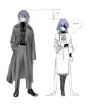  2girls bandaged_neck bandages black_bandages black_footwear black_shirt blue_hair chest_strap chief_(path_to_nowhere) coat coat_on_shoulders collared_shirt commentary_request dream_catcher earrings eyepatch female_chief_(path_to_nowhere) full_body grey_coat grey_hair grey_pants hecate_(path_to_nowhere) height_difference highres jewelry long_hair multiple_girls pants path_to_nowhere shirt shoes simple_background skirt speech_bubble toho10min white_background white_shirt white_skirt 