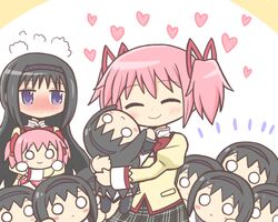  2girls akemi_homura akemi_homura_(magical_girl) bad_id bad_twitter_id black_hair black_skirt blush bow bowtie character_doll closed_eyes collared_shirt commentary_request embarrassed hair_ribbon hairband heart holding holding_stuffed_toy hugging_object juliet_sleeves kaname_madoka kaname_madoka_(magical_girl) long_hair long_sleeves looking_at_another mahou_shoujo_madoka_magica mahou_shoujo_madoka_magica_(anime) mitakihara_school_uniform multiple_girls nesoberi nose_blush pantyhose pink_hair plaid_clothes plaid_skirt puffy_sleeves red_bow red_bowtie reverse_(bluefencer) ribbon school_uniform shirt short_hair short_twintails skirt smile stuffed_toy sweater too_many twintails violet_eyes white_shirt yellow_sweater 