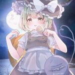  absurdres apron bow cosplay food green_eyes green_hair hat hat_bow highres holding holding_food kirisame_marisa kirisame_marisa_(cosplay) komeiji_koishi moon night night_sky open_mouth riripika_2525 short_hair sky touhou waist_apron white_bow witch_hat 