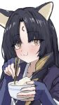  1girl absurdres animal_ears arknights black_hair blush bowl brown_eyes brown_hair chewing chopsticks closed_mouth commentary dog_ears dog_girl eating elbow_gloves eyes_visible_through_hair facial_mark fingerless_gloves food forehead_mark gloves highres holding holding_bowl holding_chopsticks long_hair looking_at_viewer multicolored_hair parted_bangs purple_gloves rice rice_bowl saga_(arknights) simple_background sketch solo streaked_hair tobildesu unfinished upper_body white_background 
