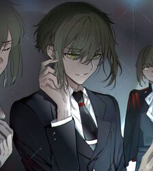  arm_up ascot black_jacket black_necktie black_suit buttoned_cuffs buttons closed_eyes collared_shirt ear_piercing earrings elan_ceres gradient_background green_eyes green_hair gundam gundam_suisei_no_majo hair_intakes hand_in_own_hair hand_on_own_chest highres jacket jewelry lapels layered_clothes layered_sleeves looking_ahead male_focus necktie out_of_frame parted_lips piercing shirt smile solo_focus sparkle suit suit_jacket suou_(sdurorhr) undershirt upper_body white_ascot white_shirt wing_collar 