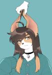  1girl :&lt; ahoge animal_ears beagle black_choker blue_background blue_sweater body_fur brown_fur brown_hair choker closed_mouth colored_tips disembodied_limb dog_ears dog_girl furry furry_female grabbing_another&#039;s_ear grey_eyes hand_on_another&#039;s_ear hand_up highres long_hair looking_at_viewer multicolored_hair original rata_(norahasu) simple_background sleeves_past_fingers sleeves_past_wrists sweater upper_body white_fur 
