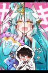  1boy 2girls black_gloves blue_hair blush fate/grand_order fate_(series) fujimaru_ritsuka_(male) fujimaru_ritsuka_(male)_(decisive_battle_chaldea_uniform) gloves hair_rings hands_on_own_face heart heart-shaped_pupils horns kiyohime_(fate) long_hair multiple_girls otohime_kiyohime_(fate) pink_background re_re9315 scared sweat symbol-shaped_pupils wide_sleeves yellow_eyes 