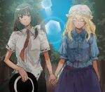  2girls black_hat black_skirt blonde_hair blouse blue_shirt breasts brown_hair center_frills commentary_request fedora frills hat highres holding_hands kuya_(hey36253625) long_hair maribel_hearn mob_cap multiple_girls necktie neo-traditionalism_of_japan outdoors puffy_short_sleeves puffy_sleeves purple_skirt red_necktie shirt short_sleeves sketch skirt small_breasts touhou unworn_hat unworn_headwear usami_renko white_hat white_shirt 