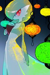 bob_cut colored_skin dress from_side furukawa_raku gardevoir gradient_background green_hair green_skin hanging_lantern highres looking_at_viewer multicolored_skin pink_eyes pokemon pokemon_(creature) simple_background two-tone_skin white_dress white_skin 