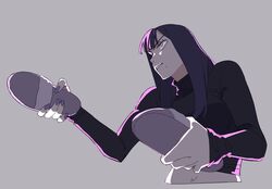  1girl billyonthestraw black_hair blunt_bangs fighting_stance grey_background highres holding holding_clothes holding_footwear light long_hair long_sleeves looking_ahead midriff mole mole_under_mouth navel original purple_light purple_nails solo upper_body violet_eyes 