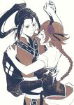  1boy 1girl ^_^ agnea_bristarni black_hair braid braided_ponytail brown_eyes closed_eyes dancing hair_intakes high_ponytail hikari_ku long_hair octopath_traveler octopath_traveler_ii open_mouth osgt_pic parted_lips simple_background smile white_background 