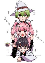  1girl 2boys black_hair food glasses green_eyes green_hair hat hei_wa20 highres long_sleeves looking_at_viewer love_cute mashle milo_genius mochi multiple_boys open_mouth pink_eyes pink_hair round_eyewear short_hair smile teeth twintails twitter_username wirth_madl witch_hat 