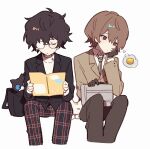  2boys akechi_gorou amamiya_ren black_gloves black_jacket black_necktie black_pants brown_hair cat closed_eyes closed_mouth collared_shirt gelato1014 gloves highres invisible_chair jacket long_sleeves male_focus morgana_(persona_5) multiple_boys necktie pants persona persona_5 plaid plaid_pants red_eyes shirt simple_background sitting sweater thought_bubble turtleneck turtleneck_sweater white_background white_shirt white_sweater 