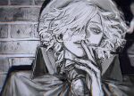  1boy against_wall artist_name au_(d_elete) cigarette edmond_dantes_(fate) fate/grand_order fate_(series) fingernails greyscale hair_between_eyes hair_over_one_eye holding holding_cigarette looking_at_viewer monochrome shadow short_hair signature sketch smoking solo upper_body 