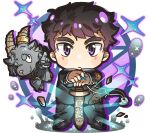  2boys animal_ear_fluff animal_ears black_hair black_jacket black_outline black_pants blush_stickers chibi chibi_only drop_shadow furry furry_male gakuran glint glowing goat_boy goat_ears goat_horns grey_fur hand_tattoo highres holding holding_sword holding_weapon horn_ornament horn_ring horns index_finger_raised jacket loafers looking_at_another looking_at_viewer male_focus multiple_boys nizitaro outline pants pentagram_tattoo protagonist_5_(housamo) salomon_(housamo) school_uniform shoes short_hair sword tattoo thick_eyebrows tokyo_afterschool_summoners violet_eyes weapon 