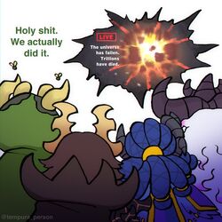  4girls black_hair blue_hair cape chaos_(warhammer) demon demon_girl demon_horns english_text explosion genderswap genderswap_(otf) green_hood highres horns khorne long_hair multiple_girls nurgle pink_hair simple_background slaanesh tempura_person tzeentch warhammer_40k white_background 