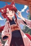  1girl ahoge animal_ears blue_kimono blue_sky bush clouds commentary_request cowboy_shot day flower fox_ears fox_girl fox_tail hand_on_own_hip hand_up haori highres jacket japanese_clothes kimono light_blush long_hair looking_at_viewer obi open_mouth original outdoors red_eyes red_ribbon red_tail redhead ribbon sash sidelocks sky solo standing tail waving white_jacket yukinagi 
