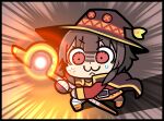  1girl :3 anger_vein belt bkub brown_hair brown_hat button_eyes buttons chibi commentary_request dress fingerless_gloves full_body gloves hat holding holding_staff kono_subarashii_sekai_ni_shukufuku_wo! long_sleeves mage_staff magic megumin official_art red_dress red_eyes solo staff sweatdrop v-shaped_eyebrows witch_hat 