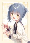  1girl :d aged_down blue_hair blunt_bangs cat&#039;s_cradle haneru haori_haruki highres himitsu_no_jugyou long_sleeves looking_at_viewer sailor_collar school_uniform short_twintails smile solo twintails upper_body yellow_eyes 