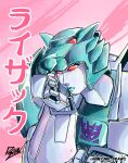  1girl animal_ears cat_ears colored_skin decepticon green_lips head_rest helmet highres insignia looking_at_viewer lyzack mecha minyung red_eyes robot robot_girl solo transformers transformers_victory 