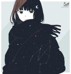  1girl artist_logo black_eyes blending brown_hair commentary constellation crescent crescent_hair_ornament english_commentary expressionless hair_ornament looking_at_viewer mimi_n original scarf short_hair sky solo star_(sky) starry_sky 