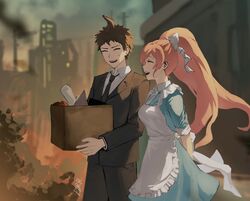  1boy 1girl :d ahoge apron black_jacket black_necktie black_pants bow brown_hair collared_shirt danganronpa_(series) danganronpa_3_(anime) dress facing_another formal green_dress hair_bow harari highres hinata_hajime holding_carton jacket long_hair maid_apron necktie outdoors pants ponytail shirt smile sweatdrop teeth upper_teeth_only white_apron white_bow yukizome_chisa 