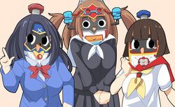  3girls black_eyes black_hair black_shirt black_skirt blue_jacket blunt_bangs blush_stickers bow bowtie breasts brown_background brown_hair buttons commentary_request heybot! heybot_(character) index_finger_raised jacket large_breasts lets0020 long_hair looking_at_viewer medium_bangs multiple_girls neckerchief object_through_head open_mouth peyket pleated_skirt red_bow red_bowtie robot screw_in_head shirt short_hair simple_background skirt smile twintails upper_body white_neckerchief white_shirt yellow_neckerchief 