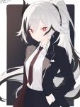  1girl black_hair black_jacket black_pants breasts brown_necktie closed_mouth collared_shirt commentary english_commentary fu_hua fu_hua_(fenghuang_of_vicissitude) hands_in_pocket highres honkai_(series) honkai_impact_3rd jacket long_hair long_sleeves looking_at_viewer multicolored_hair necktie open_clothes open_jacket pants ponytail red_eyes samlatte shirt signature small_breasts solo two-tone_hair very_long_hair white_hair white_shirt 