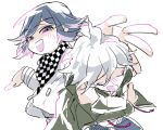  2boys ahoge arm_belt belt black_scarf blue_pants blush_stickers buttons checkered_clothes checkered_scarf commentary_request cowboy_shot crossed_arms danganronpa_(series) danganronpa_2:_goodbye_despair danganronpa_v3:_killing_harmony deformed green_jacket green_sleeves hood hood_down hooded_jacket in-franchise_crossover jacket komaeda_nagito long_sleeves male_focus me_(lililico) multiple_boys oma_kokichi open_clothes open_jacket open_mouth outstretched_arms pants partial_commentary purple_hair scarf self_hug shirt short_hair simple_background single_blush_sticker smile teeth two-tone_scarf upper_teeth_only violet_eyes white_background white_belt white_hair white_jacket white_scarf white_shirt white_sleeves 