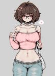 1girl :3 aki_(snale) bag belt brown_hair cleavage female glasses hair_ornament heart jeans looking_at_viewer navel necklace nervous short_hair smile snale solo sweatdrop v