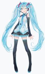  1girl 43_pon ;d bad_id bad_twitter_id bare_shoulders black_footwear black_skirt black_sleeves blue_eyes blue_hair blue_nails boots breasts collared_shirt detached_sleeves full_body grey_shirt hair_between_eyes hair_ornament hatsune_miku headset highres long_hair looking_at_viewer miniskirt nail_polish necktie number_tattoo one_eye_closed open_mouth pleated_skirt shirt simple_background skirt sleeveless sleeveless_shirt small_breasts smile solo standing tattoo thigh_boots twintails twitter_username very_long_hair vocaloid white_background 