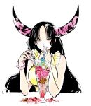 1girl arms_up black_hair black_horns blue_hair bracelet breasts covered_mouth covering_own_mouth dress facing_another fate/extra fate/extra_ccc fate/grand_order fate_(series) food forehead_tattoo hans_christian_andersen_(fate) holding holding_spoon horns ice_cream jewelry large_breasts long_hair long_horns looking_at_another looking_down melting mini_person miniboy nobicco pearl_bracelet pink_horns sessyoin_kiara short_hair simple_background sleeveless sleeveless_dress spoon sundae white_background yellow_dress yellow_eyes 
