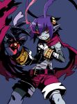  1boy bandaged_arm bandaged_chest bandages belt blue_eyes bracelet carpatiodevil colored_skin demon_boy disgaea disgaea_rpg grey_skin hair_between_eyes hand_on_own_chest highres jewelry laharl male_focus pointy_ears red_eyes red_scarf red_shorts scarf sharp_teeth shorts simple_background stitches teeth zombie 