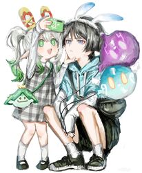  1boy 1girl absurdres alternate_costume animal_ears aqua_jacket aqua_sleeves aranara_(genshin_impact) arm_up bag black_footwear black_hair black_shorts blunt_ends blush checkered_clothes checkered_dress contemporary cross-shaped_pupils double-parted_bangs dress eyeliner eyeshadow fake_animal_ears genshin_impact green_eyes green_hair hair_between_eyes hand_on_another&#039;s_chin handbag hands_up headband highres holding holding_phone hood hooded_jacket jacket layered_sleeves long_sleeves looking_at_phone looking_up makeup mary_janes multicolored_hair nahida_(genshin_impact) open_mouth phone pointy_ears rabbit_ears red_eyeliner red_eyeshadow scaramouche_(genshin_impact) shoes short_sleeves shorts sidelocks sneakers socks squatting standing streaked_hair symbol-shaped_pupils teeth upper_teeth_only violet_eyes watercolor_effect white_background white_hair white_sleeves white_socks x_x_(batttsu_404) 