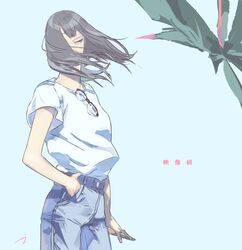  1girl asymmetrical_bangs black_hair blue_background denim eizouken_ni_wa_te_wo_dasu_na! eyewear_hang freckles glasses hair_over_one_eye hand_in_pocket highres holding holding_phone jeans kanamori_sayaka matahei pants phone shirt shirt_tucked_in short_sleeves signature simple_background solo unworn_eyewear white_shirt wind wind_lift 