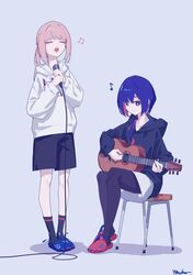  2girls absurdres acoustic_guitar animal_slippers black_hoodie black_pantyhose black_shorts black_socks blue_eyes blue_hair closed_eyes closed_mouth colored_inner_hair diamond_earrings earrings fagun_yibei full_body guitar half_up_half_down_braid hastur_(kamitsubaki_studio) highres holding holding_guitar holding_instrument holding_microphone hood hood_down hoodie instrument jewelry kaf_(kamitsubaki_studio) kamitsubaki_studio laplace_(kamitsubaki_studio) long_sleeves looking_at_object microphone multicolored_eyes multicolored_hair multiple_girls music musical_note open_mouth pantyhose pink_hair playing_guitar playing_instrument red_eyes redhead rim_(kamitsubaki_studio) shorts skirt slippers smile socks spoken_musical_note virtual_youtuber white_hoodie white_skirt yellow_pupils 