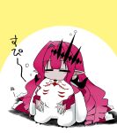  1girl baobhan_sith_(fate) baobhan_sith_(first_ascension)_(fate) cernunnos_(fate) chibi closed_mouth detached_sleeves dress fate/grand_order fate_(series) hair_ornament head_rest highres hisame_genta long_hair pink_hair pointy_ears red_dress sidelocks sleeping solo stuffed_toy two-tone_background white_background yellow_background 