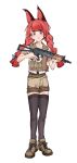  1girl alternate_costume animal_ears black_thighhighs blunt_bangs braid brown_footwear brown_haori caris_06 cat_ears cat_girl chinese_commentary closed_mouth commentary_request extra_ears fang full_body gun highres holding holding_gun holding_weapon kaenbyou_rin long_hair looking_at_viewer military_uniform red_eyes redhead side_braids solo thigh-highs touhou twin_braids uniform v-shaped_eyebrows weapon 