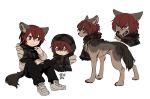  1boy animal animal_ears animalization artist_name black_pants black_scarf child closed_mouth deviidog0 full_body highres hood hood_down hooded_jacket jacket looking_to_the_side male_focus multiple_views original pants red_eyes redhead scarf shoes short_hair simple_background sitting sneakers tail white_background wolf wolf_boy wolf_ears wolf_tail 