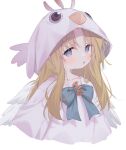  1girl bird_costume bird_wings blonde_hair blue_bow blue_eyes blush bow eip_(pepai) feathered_wings feathers filo_(tate_no_yuusha_no_nariagari) long_hair looking_at_viewer open_mouth parted_bangs shirt simple_background solo tate_no_yuusha_no_nariagari upper_body white_background white_feathers white_shirt white_wings wings 