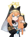  1girl 28_(282teeth) animal blue_archive blue_eyes braid cat commentary_request flower_ornament halo highres holding holding_animal holding_cat korean_commentary looking_at_viewer mari_(blue_archive) nun orange_cat orange_hair simple_background smile 