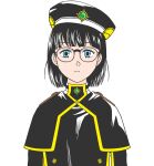  1girl beret black_capelet black_hair black_jacket blue_eyes capelet closed_mouth commentary continental_magic_association_receptionist_(sousou_no_frieren) dominomido expressionless eyelashes flat_color gem glasses hat highres jacket looking_at_viewer loose_hair_strand portrait simple_background solo sousou_no_frieren straight-on upper_body white_background 