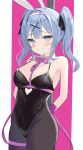  1girl absurdres animal_ears arms_behind_back bare_shoulders black_leotard black_pantyhose blue_eyes blue_hair blush bow bowtie breasts clothing_cutout cutout_above_navel detached_collar fake_animal_ears hair_ornament hatsune_miku hatsune_miku_(vocaloid3) heart_cutout highres leotard looking_at_viewer object_in_bra pantyhose pink_pupils playboy_bunny pole rabbit_ears rabbit_hole_(vocaloid) smile solo stripper_pole tamamorh teardrop_facial_mark twintails vocaloid x_hair_ornament 