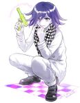  1boy black_footwear checkered_clothes checkered_floor checkered_scarf danganronpa_(series) danganronpa_v3:_killing_harmony fon-due_(fonfon) full_body hair_between_eyes holding holding_water_gun long_sleeves looking_at_viewer male_focus oma_kokichi pale_skin pants purple_hair scarf shirt solo squatting violet_eyes water_gun white_pants white_shirt 