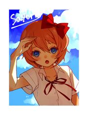  1girl :o absurdres blue_eyes blue_sky blush bow character_name clouds collarbone collared_shirt colored_eyelashes doki_doki_literature_club dress_shirt hair_between_eyes hair_bow hand_up highres kugaumelo neck_ribbon open_mouth orange_hair red_bow red_ribbon ribbon sayori_(doki_doki_literature_club) school_uniform shading_eyes shirt short_hair short_sleeves sky solo white_shirt 