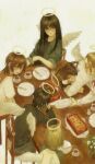  6+girls angel angel_wings black_hair black_shirt blonde_hair blush brown_eyes brown_hair commentary cup dress elbow_rest english_commentary feathered_wings food fork from_above glasses green_jacket haibane_renmei hair_between_eyes halo head_rest highres hikari_(haibane) jacket kana_(haibane) kuu_(haibane) long_hair long_sleeves monlopolo multiple_girls neck_ribbon nemu_(haibane) on_chair open_mouth orange_sailor_collar parted_lips plant plate potted_plant raglan_sleeves rakka_(haibane) red_ribbon reki_(haibane) ribbon sailor_collar salt_shaker shirt short_hair short_sleeves sitting sleeping sleeves_rolled_up smile table teacup teeth white_dress white_shirt white_wings wings 